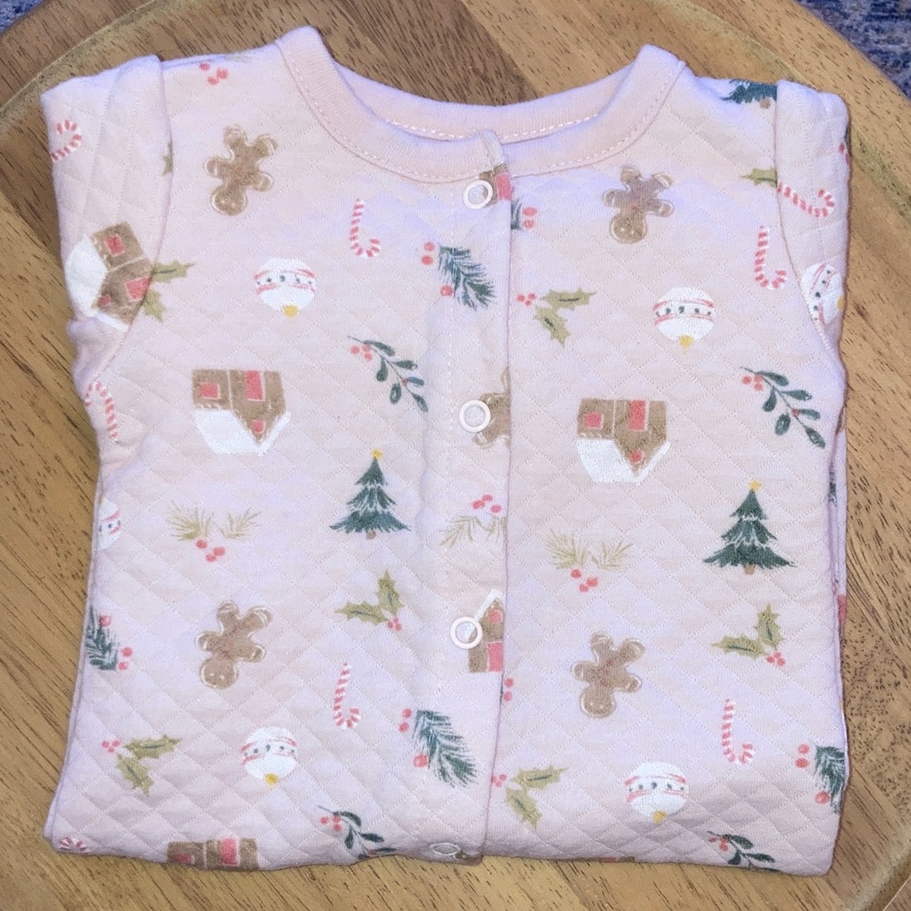 #109. Chickpea - Baby Pink Holiday Print Footed One-Piece